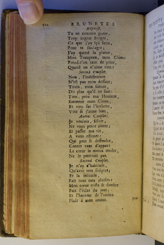 page 112 : Couplet : Je n'ay d'habitude. / Jeunes Zphirs, dont l'am. / Je voulois, Silvie. / Non l'indifference. / Tu ne connois guere.