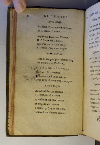 page 14 : Couplet : Autrefois fidelle & constant. / Je ne vous vis qu'un moment. / Le doux printemps est de retour / Vous ne comptez point comme moy.