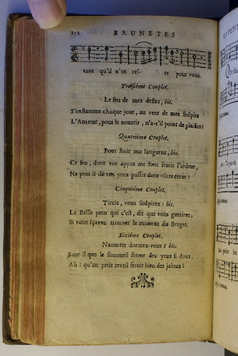 page 152 : Couplet : Le feu de mes desirs. / Nannette dormez vous. / Pour finir ma langueur. / Tircis vous soupirez.