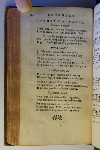 page 174 : Couplet : Considerez quel pouvoir est le vtre. / Je suis pris d'une flme nouvelle. / Vous avez dja mille conqutes. / Vous avez tort de vous plaindre.