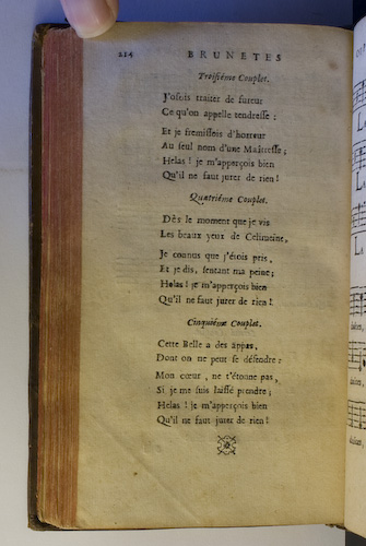 page 214 : Couplet : Cette Belle a des appas. / Ds le moment que je vis. / J'osois traiter de fureur.