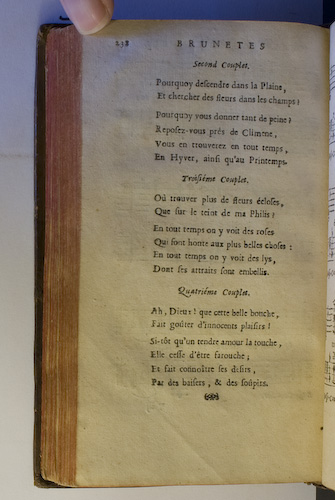 page 238 : Couplet : Ah! Dieux! que cette belle bouche. / O trouver plus de fleurs closes? / Pourquoy descendre dans la laine.