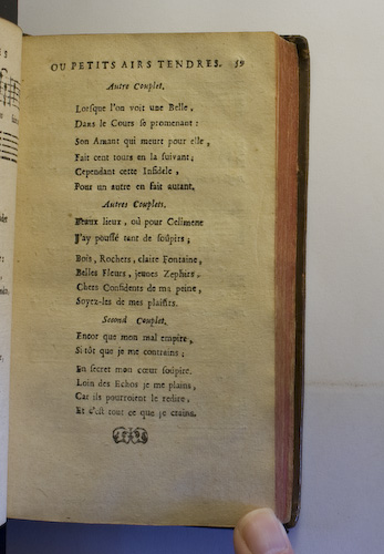 page 59 : Couplet : Beaux lieux, o pour Celimene. / Encor que mon mal empire. / Lorsque l'on voit une Belle.