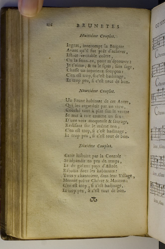 page 116 : Couplet : Cette histoire, par la Contre. / Ingrat, interrompt la Bergere. / Un Faune, habitant de cet Antre.
