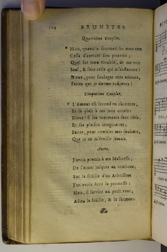 page 124 : Couplet : J'avois promis  ma Matresse. / L'Amour est second en chimeres. / Mais quand le sommeil sur mon ame.