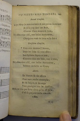 page 149 : Couplet : A qui diray-je mon tourment & mes. / La nature fit ses efforts. / Vous avez emmen l'Amour.