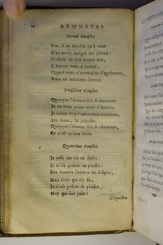 page 16 : Couplet : Je passe ma vie en desirs. / Iris, il ne tiendra qu' vous. / Quoy que l'Amour soit si charmant.