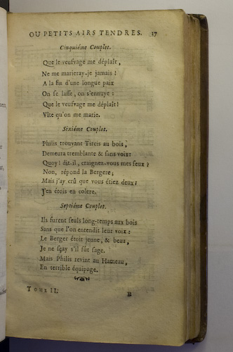 page 17 : Couplet : Ils furent seuls long-temps au bois. / Philis trouvant Tircis au Bois. / Que le veufvage m dplat!