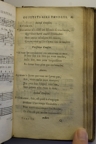 page 185 : Couplet : Apprenez le secret que vous ne savez. / Mon amour m'a dict ces discours. / Si vtre coeur, Iris, est prest . / Si vous les condamnez ces amoureux.