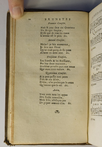 page 10 : Couplet : Vous avez tous les appas / Nuit & jour sous ces ormeaux. / Helas! je suis amoureux. / Les Forests & les ruisseaux. / Si je puis passer mes jours.