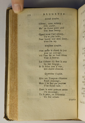 page 112 : Couplet : Isabeau, coeur endurcy. / Vien passer le chaud du jour. / Hier ton troupeau s'ecartant