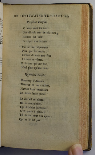 page 129 : Couplet : O vous dont les Loix. / Beaucoup d'Amants.