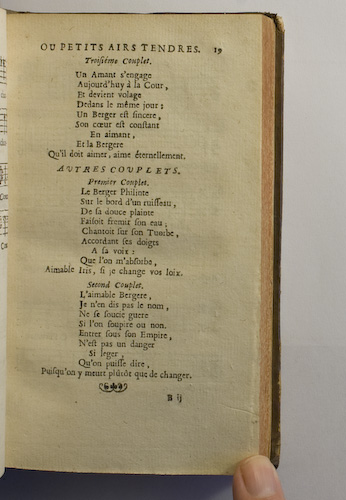 page 19 : Couplet : Quand je veux me plaindre. / Un Amant s'engage. / Le Berger Philinte. / L'aimable Bergere.