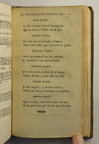 page 229 : Couplet : O Mort,  mort, tant de fois appelle. / Mes yeux ont v l'adorable Climene. / On dit qu'Amour est un mal agrable. / Je ne dors point, je rve, & je sopire.